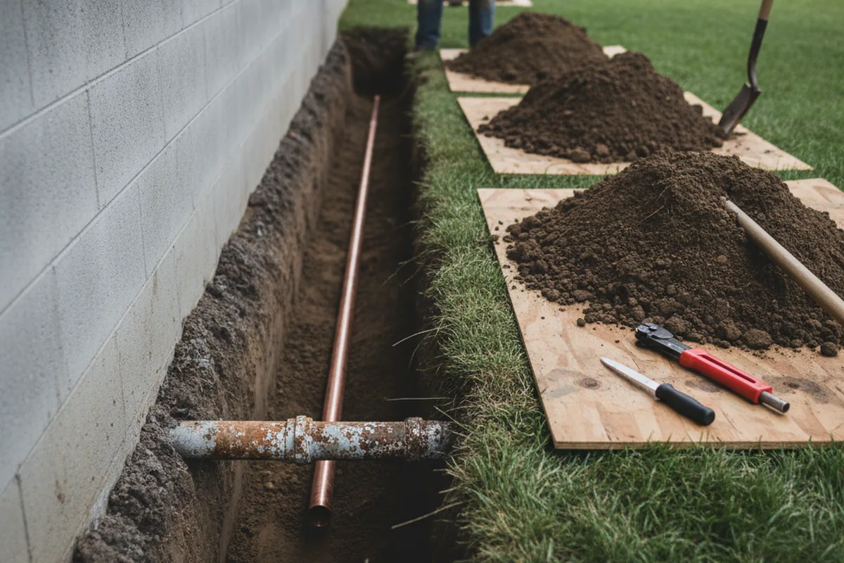 Excavated water line trench during Water Softener Installation in Dobbins
